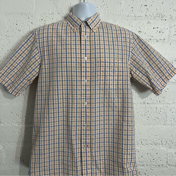 Daniel Cremieux Mens Button Front Shirt L Orange Blue 100% Cotton Short Sleeve R - Picture 2 of 5